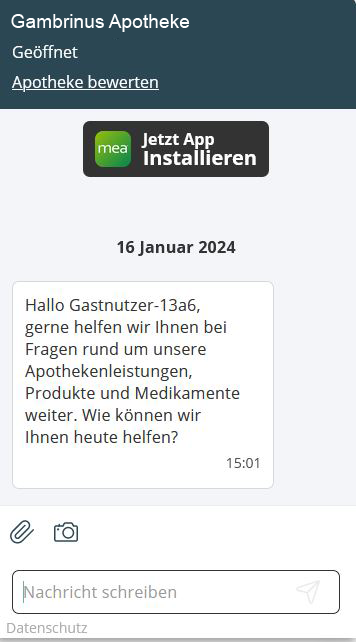 Screenshot der Kundenservice-Chat-Funktion der Gambrinus Apotheke-App mit Service-Optionen wie Route planen und Benachrichtigungsfunktion. 