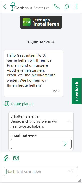 Screenshot der Kundenservice-Chat-Funktion der Gambrinus Apotheke-App mit Service-Optionen wie Route planen und Benachrichtigungsfunktion.